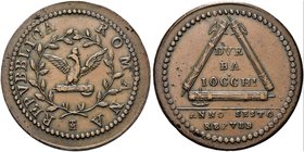 ROMA
Prima Repubblica Romana, 1798-1799.
Due Baiocchi 1798 a. VI.
Æ gr. 15,69
Dr. REPVBBLICA - ROMANA. Aquila su fascio con scure tra due rami di ...