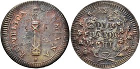 ROMA
Prima Repubblica Romana, 1798-1799.
Due Baiocchi s. data, rv. ribattuto
Æ gr. 17,50
Dr. Fascio largo con due legature incrociate.
Rv. Valore...