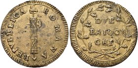 ROMA
Prima Repubblica Romana, 1798-1799.
Due Baiocchi s. data.
Æ gr. 15,38
Dr. Fascio largo con due legature incrociate.
Rv. Valore tra due rami ...