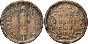 ROMA
Prima Repubblica Romana, 1798-1799.
Due Baiocchi s. data, fascio molto largo.
Æ gr. 19,23
Dr. Fascio stretto con due legature incrociate; sot...