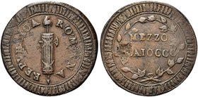 ROMA
Prima Repubblica Romana, 1798-1799.
Mezzo Baiocco.
Æ gr. 5,05
Dr. REPVBBLICA - ROMANA Fascio con scure sormontato da pileo.
Rv. MEZZO / BAIO...
