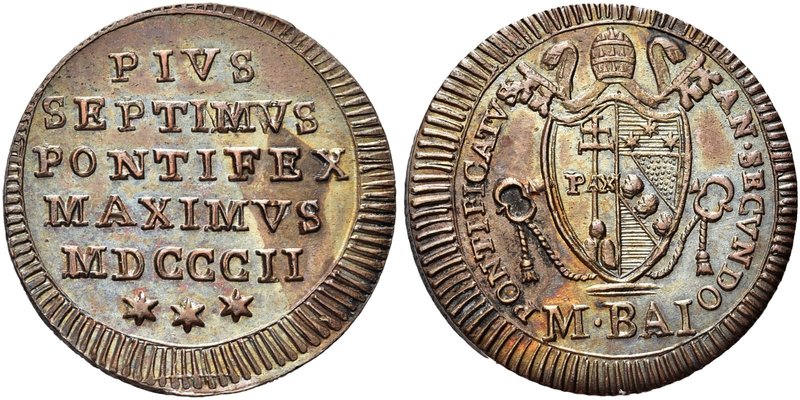 ROMA
Pio VII (Barnaba Chiaramonti), 1800-1823.
Mezzo Baiocco 1802 a. II.
Æ
D...