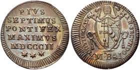 ROMA
Pio VII (Barnaba Chiaramonti), 1800-1823.
Mezzo Baiocco 1802 a. II.
Æ
Dr. PIVS / SEPTIMVS / PONTIFEX / MAXIMVS / MDCCCII. Iscrizione su cinqu...