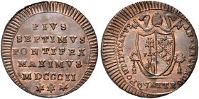 ROMA
Pio VII (Barnaba Chiaramonti), 1800-1823.
Quattrino 1802 a. II.
Æ
Dr. PIVS / SEPTIMVS / PONTIFEX / MAXIMVS / MADCCCII. Iscrizione disposta su...