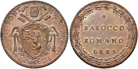 ROMA
Leone XII (Annibale Sermattei della Genga), 1823-1829.
Baiocco 1829 a. I, foglie in rilievo.
Æ
Dr. Stemma sormontato da triregno e chiavi dec...