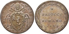 ROMA
Pio VIII (Francesco Saverio Castiglioni), 1829-1830.
Baiocco romano 1829 a. I.
Æ
Dr. Stemma sormontato da triregno e chiavi decussate.
Rv. V...