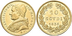 ROMA
Gregorio XVI (Bartolomeo Alberto Cappellari), 1831-1846.
10 Scudi 1836 a. VI.
Au
Dr. Busto a s. con zucchetto, mozzetta e stola.
Rv. Valore ...