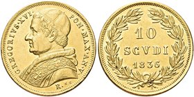 ROMA
Gregorio XVI (Bartolomeo Alberto Cappellari), 1831-1846.
10 Scudi 1836 a. V.
Au
Dr. Busto a s. con zucchetto, mozzetta e stola.
Rv. Valore e...