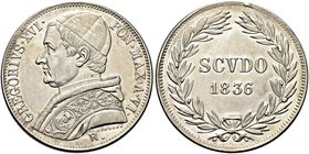 ROMA
Gregorio XVI (Bartolomeo Alberto Cappellari), 1831-1846.
Scudo 1836 a. VI.
Ag
Dr. Busto a s. con zucchetto, mozzetta e stola.
Rv. Valore e d...