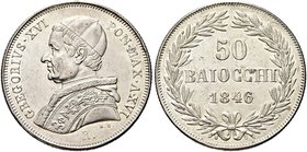 ROMA
Gregorio XVI (Bartolomeo Alberto Cappellari), 1831-1846.
50 Baiocchi 1846 a. XVI.
Ag
Dr. Busto a s. con zucchetto, mozzetta e stola.
Rv. Val...