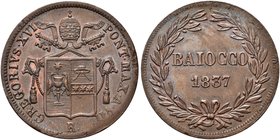 ROMA
Gregorio XVI (Bartolomeo Alberto Cappellari), 1831-1846.
Baiocco 1837 a. VII.
Æ
Dr. Stemma papale.
Rv. Valore entro corona d’alloro
Pag. 26...