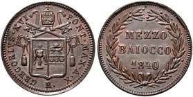 ROMA
Gregorio XVI (Bartolomeo Alberto Cappellari), 1831-1846.
Mezzo Baiocco 1840 a. X.
Æ
Dr. Stemma sormontato da triregno e chiavi decussate.
Rv...