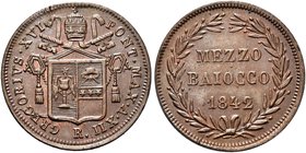 ROMA
Gregorio XVI (Bartolomeo Alberto Cappellari), 1831-1846.
Mezzo Baiocco 1842 a. XII.
Æ
Dr. Stemma sormontato da triregno e chiavi decussate.
...