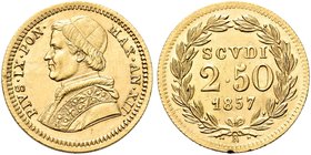 ROMA
Pio IX (Giovanni Maria Mastai Ferretti), 1846-1878.
2,50 Scudi 1857 a. XII.
Au
Dr. Busto a s. con zucchetto, mozzetta e stola.
Rv. Valore e ...