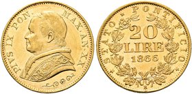 ROMA
Pio IX (Giovanni Maria Mastai Ferretti), 1846-1878.
20 Lire 1866 a. XX, busto piccolo.
Au
Dr. Busto a s. con zucchetto, mozzetta e stola.
Rv...