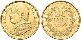 ROMA
Pio IX (Giovanni Maria Mastai Ferretti), 1846-1878.
20 Lire 1868 a. XXIII, busto grande.
Au
Dr. Busto a s. con zucchetto, mozzetta e stola.
...