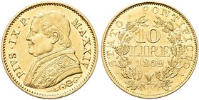 ROMA
Pio IX (Giovanni Maria Mastai Ferretti), 1846-1878.
10 Lire 1869 a. XXIV.
Au
Dr. Busto a d. con zucchetto mozzetta e stola.
Rv. Valore e dat...