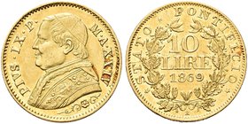 ROMA
Pio IX (Giovanni Maria Mastai Ferretti), 1846-1878.
10 Lire 1869 a. XXIV.
Au
Dr. Busto a d. con zucchetto mozzetta e stola.
Rv. Valore e dat...