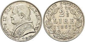ROMA
Pio IX (Giovanni Maria Mastai Ferretti), 1846-1878.
2 Lire e mezzo 1867 a. XXI.
Ag
Dr. Busto a s., con zucchetto mozzetta e stola.
Rv. Valor...