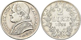 ROMA
Pio IX (Giovanni Maria Mastai Ferretti), 1846-1878.
2 Lire 1867 A. XXII.
Ag
Dr. Busto a s. con zucchetto, mozzetta e stola.
Rv. Valore e dat...