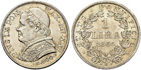 ROMA
Pio IX (Giovanni Maria Mastai Ferretti), 1846-1878.
Lira 1866 a. XXI, busto grande.
Ag
Dr. Busto a s., con zucchetto, mozzetta e stola.
Rv. ...