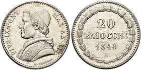 ROMA
Pio IX (Giovanni Maria Mastai Ferretti), 1846-1878.
20 Baiocchi 1848 a. XII.
Ag
Dr. Busto a s. con zucchetto, mozzetta e stola.
Rv. Valore e...