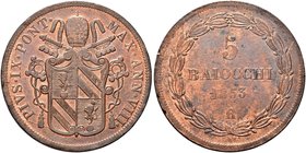 ROMA
Pio IX (Giovanni Maria Mastai Ferretti), 1846-1878.
5 Baiocchi 1853 a. VIII.
Æ
Dr. Stemma sormontato da triregno e chiavi decussate.
Rv. Val...