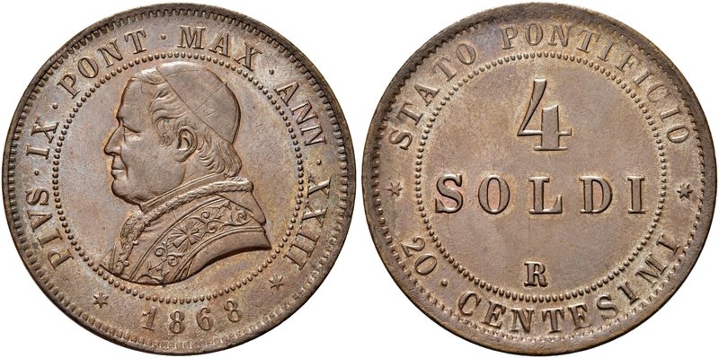 ROMA
Pio IX (Giovanni Maria Mastai Ferretti), 1846-1878.
4 Soldi o 20 Centesim...