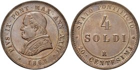 ROMA
Pio IX (Giovanni Maria Mastai Ferretti), 1846-1878.
4 Soldi o 20 Centesimi 1868 a. XXIII.
Æ
Dr. Busto a s. con zucchetto, mozzetta e stola.
...