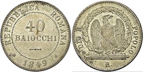 ROMA
Seconda Repubblica Romana, 1848-1849.
40 Baiocchi 1849.
Mi
Dr. Valore entro cerchio perlinato.
Rv. Aquila su fascio entro corona di quercia....