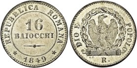 ROMA
Seconda Repubblica Romana, 1848-1849.
16 Baiocchi 1849.
Mi
Dr. Valore entro cerchio perlinato.
Rv. Aquila su fascio volta a d. entro corona ...