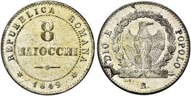 ROMA
Seconda Repubblica Romana, 1848-1849.
8 Baiocchi 1849.
Mi
Dr. Valore e data entro cerchio perlinato.
Rv. Aquila su fascio entro corona di qu...