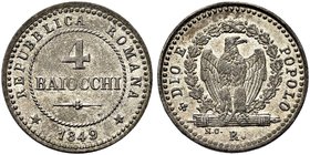 ROMA
Seconda Repubblica Romana, 1848-1849
4 Baiocchi 1849.
Mi
Dr. Valore entro corona.
Rv. Aquila su fascio, entro corona di quercia.
Pag. 258; ...