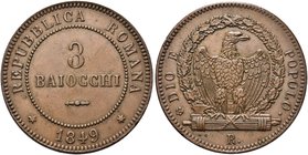ROMA
Seconda Repubblica Romana, 1848-1849.
3 Baiocchi 1849.
Æ
Dr. Valore entro cerchio perlinato.
Rv. Aquila su fascio volta a d. entro corona di...