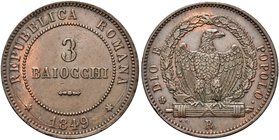 ROMA
Seconda Repubblica Romana, 1848-1849.
3 Baiocchi 1849.
Æ
Dr. Valore entro cerchio perlinato.
Rv. Aquila su fascio volta a d. entro corona di...