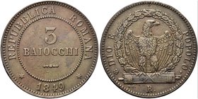ROMA
Seconda Repubblica Romana, 1848-1849.
3 Baiocchi 1849.
Æ
Dr. Valore entro cerchio perlinato.
Rv. Aquila su fascio volta a d. entro corona di...