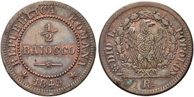 ROMA
Seconda Repubblica Romana, 1848-1849.
Mezzo Baiocco 1849.
Æ
Dr. Valore entro cerchio perlinato.
Rv. Aquila su fascio volta a d. entro corona...