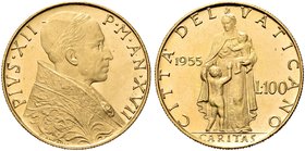 ROMA
Pio XII (Eugenio Pacelli), 1939-1958.
100 Lire 1955 a. XVII.
Au
Dr. Busto a d. con zucchetto e piviale.
Rv. La Carità stante con due bambini...