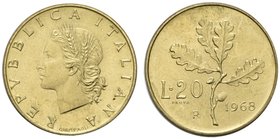 ROMA
Repubblica Italiana, dal 1946.
20 Lire 1968 Prova.
Ba
Dr. Testa muliebre coronata di spighe a s.
Rv. Ramo di quercia tra valore e data.
Gig...