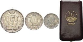 SAN MARINO
Vecchia Monetazione, 1864-1938.
Serie di 3 valori in argento PROVA datati 1932: 20 Lire, 10 Lire e 5 Lire.
Gig. 3; Gig. 11; Gig. 19
Mol...