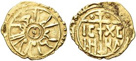 SICILIA
Ruggero II, Re di Sicilia, 1130-1154.
Tarì.
Au gr. 1,01
Dr. Legenda cufica attorno a tre globetti entro cerchio lineare.
Rv. Croce su lun...