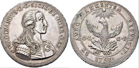 SICILIA
Ferdinando IV (I) di Borbone, 1759-1816.
Oncia da 30 Tarì 1791.
Ag gr. 68,23
Dr. FERDINANDVS D G SICIL ET HIER REX. Busto corazzato a d.
...