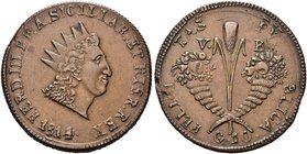 SICILIA
Ferdinando IV (I) di Borbone, 1759-1816.
Dieci Grani 1814.
Æ gr. 31,35
Dr. Testa con corona radiata a d.
Rv. Spiga di grano tra due corno...