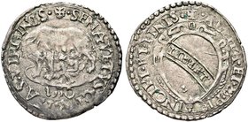 SIENA
Repubblica, 1404-1555.
Bolognino da 6 Quattrini 1550.
Mi gr. 1,19
Dr. SENA VETVS CIVITAS VIRGINIS. La lupa a s., con la testa retrospiciente...