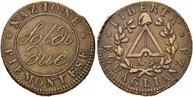 TORINO
Repubblica Piemontese, 1798-1799.
2 Soldi a. 9, bordo obliquo.
Æ gr. 10,61
Dr. Valore su due righe.
Rv. Archipenzolo sormontato da pileo e...