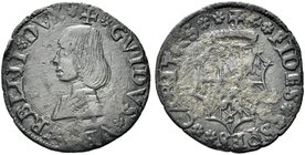 URBINO
Guidobaldo I da Montefeltro, 1482-1508.
Quattrino, testa piccola.
Æ gr. 1,12
Dr. GVIDVS VRBINI DVX. Busto nuda a s. con lunga capigliatura....