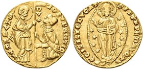 VENEZIA
Giovanni Soranzo Doge LI, 1312-1328.
Ducato.
Au gr. 3,53
Dr. IO SVRANTIO - S M VENETI. San Marco consegna lo stendardo al doge inginocchia...