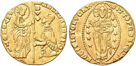 VENEZIA
Andrea Dandolo Doge LIV, 1343-1354.
Ducato.
Au gr. 3,40
Dr. ANDR DANDVLO - S M VENETI. San Marco stante verso s., porge il vessillo al Dog...