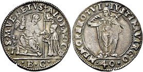 VENEZIA
Alvise I Mocenigo Doge LXXXV, 1570-1577.
40 Soldi con Santa Giustina.
Ag gr. 9,01
Dr. ALOY MOCE S M VENETVS. S. Marco, seduto di fronte, b...