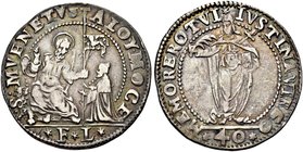 VENEZIA
Alvise I Mocenigo Doge LXXXV, 1570-1577.
40 Soldi con Santa Giustina.
Ag gr. 8,72
Dr. ALOY MOCE S M VENETVS. S. Marco, seduto di fronte, b...